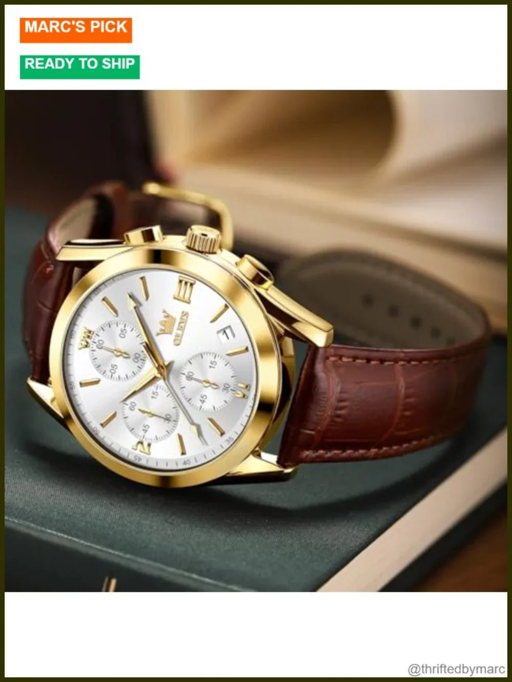 Men's Chronograph Leather Watch, Big Face Quartz Dress Watch, Water Resistant